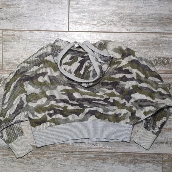 Vintage Havana Cropped Waffle Thermal Sweatshirt Hoodie - Picture 2 of 6
